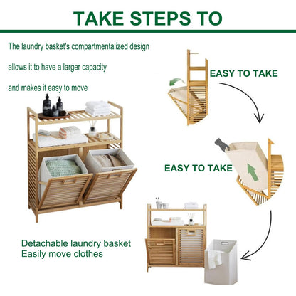 Tilt Out Bamboo Laundry Hamper Cabinet, 2 Removable 70L Bags, 2-Tier Shelves, 31.5"x11.8"x36.8" Freestanding Organizer for Bathroom Laundry Room & Bedroom