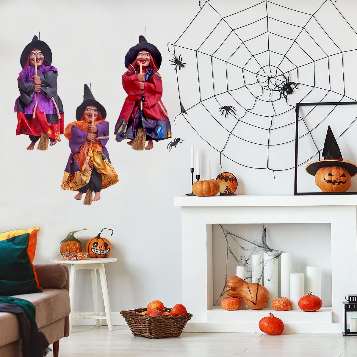 BravOne 3 PCS Halloween Hanging Witches Decorations, 8" Halloween Witches Ornaments Flying Witches Figures on Broom Halloween Outdoor Indoor Decorations Haunted House Hanging Props Party Decor (#A)
