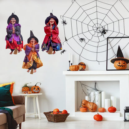 BravOne 3 PCS Halloween Hanging Witches Decorations, 8" Halloween Witches Ornaments Flying Witches Figures on Broom Halloween Outdoor Indoor Decorations Haunted House Hanging Props Party Decor (#A)
