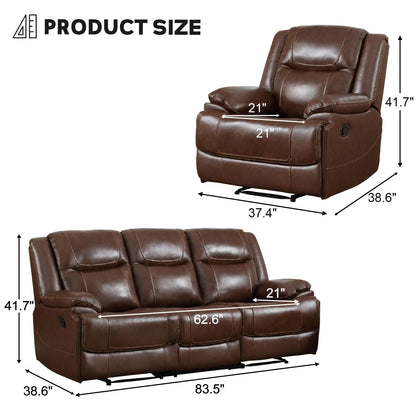 EBELLO Genuine Leather Recliner Manual Sofa Set, Double 1 Seat Reclining Chair, a 3 Seater Sofa with Headrest and Armrest, Modern Durable Home Furniture Set for Living Room, Vintage Brown