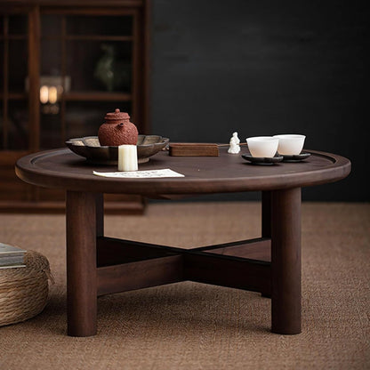 Tatami Coffee Table, Low Round Wooden Tea Table with Grooved Raised Edges and Cross-Leg Design for Living Room, Office, or Bay Window