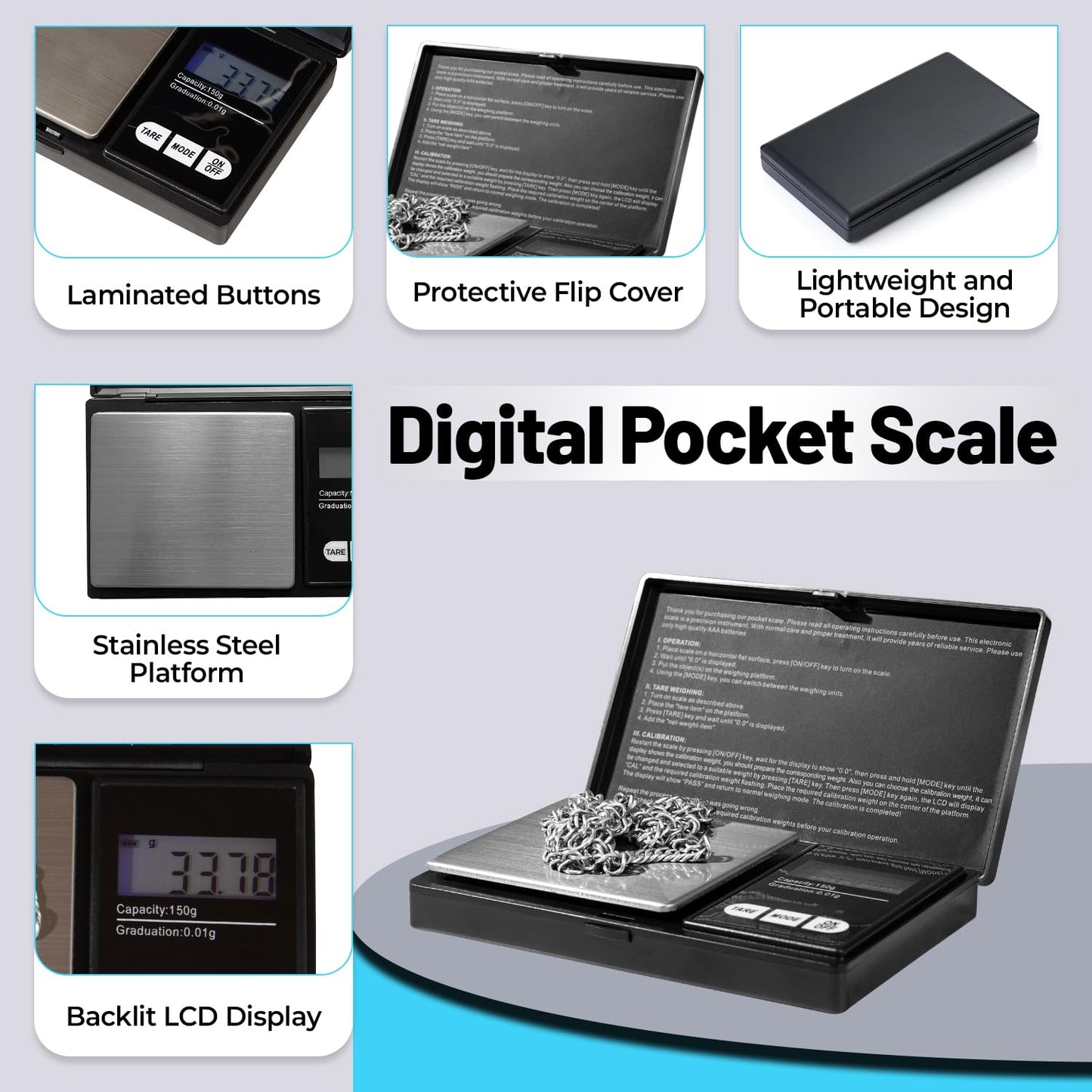 Digital Pocket Scale, 0.01gX150g, Electronic Smart Weigh Scale, Portable Mini Scale with LCD Display, Tare, Black.