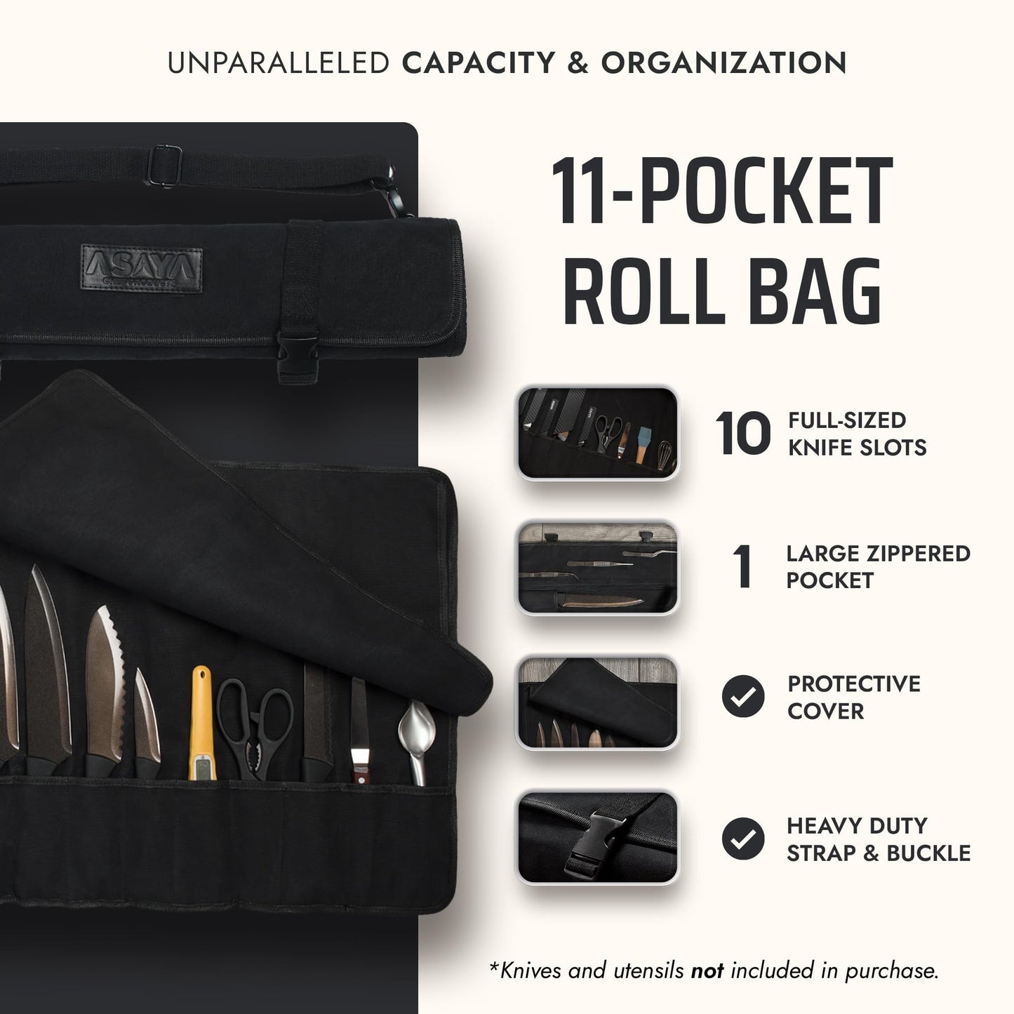 Asaya Waxed Canvas Chef Knife Roll Bag with 10 Slots and a Zipper Pocket - Professional Chef Knife Bag & Storage Case, with Shoulder Strap - Knives Not Included (Black)