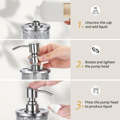 Sumnacon Soap Dispenser Bathroom Sparkling Hand Dispenser with Stainless Pump,Silver Crushed Diamond Dish Soap Dispenser for Kitchen Decorative Soap Dispensers for Kichen Sink Bathroom Countertop
