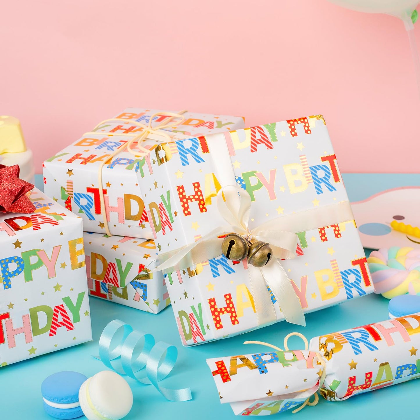 Merture Colorful Wrapping Paper Roll - 17 In X 32.8 Ft - Foil Happy Birthday Lettering & Candles Wrapping Paper for Birthday, Baby Shower, Party