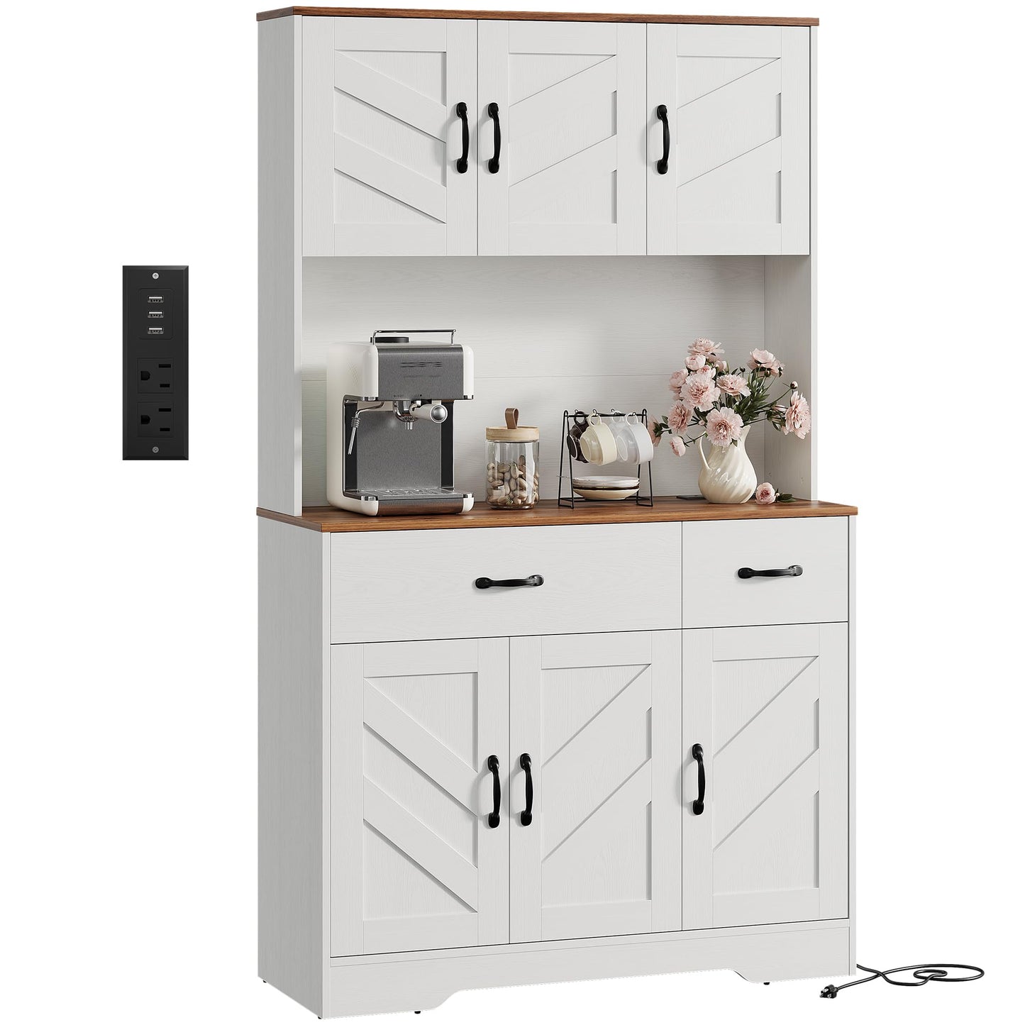 IDEALHOUSE 71" Kitchen Pantry Storage Cabinet with Charging Station, Farmhouse Kitchen Hutch Cabinet with 2 Storage Drawers, Large Food Pantry with Microwave Stand for Dining Room,Living Room,White