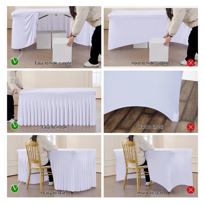 Outpain White Spandex Table Clothes for 8 Foot Rectangle Tables-2Pack 8FT Spandex Fitted Table Cover, Wrinkle Free Tablecloths with Skirt for Parties, Wedding, Birthday, Banquet, Festival