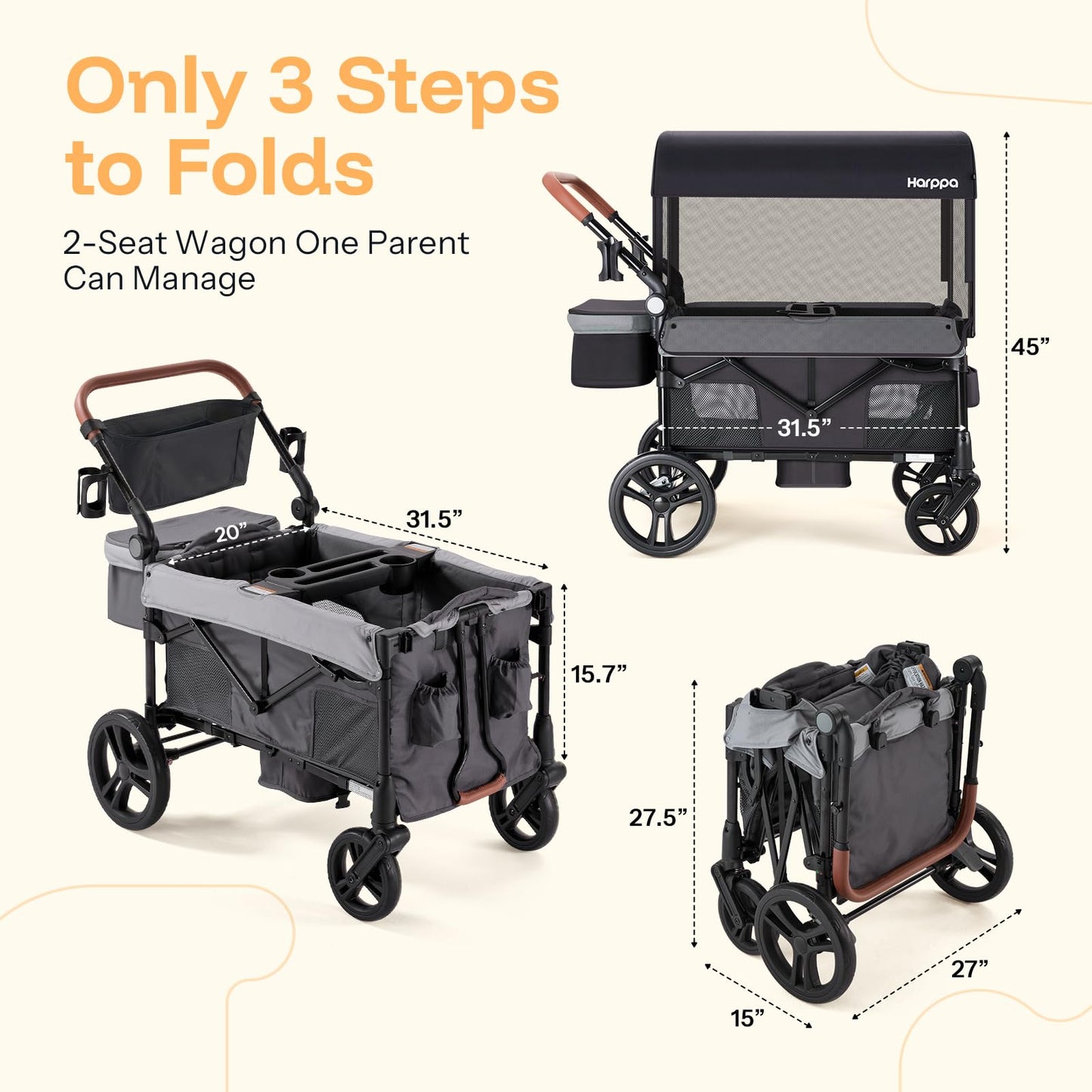 HARPPA Foldable Wagon for Kids, 2 Seater Stroller Wagon with Seats, One-Button Fold, UPF50+ Canopy & Mosquito Net, All-Terrain Wheels, Adjustable Handle, Easy to Store Dark Gray