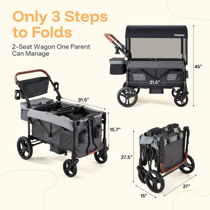 HARPPA Foldable Wagon for Kids, 2 Seater Stroller Wagon with Seats, One-Button Fold, UPF50+ Canopy & Mosquito Net, All-Terrain Wheels, Adjustable Handle, Easy to Store Dark Gray