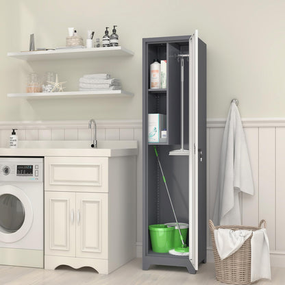 GREATMEET Slim Locking Metal Garage Storage Cabinet, 65" Lockable Utility Closet, Tall Steel Narrow Broom Closet Storage Cabinets with Door and Shelves for Laundry Room, Bathroom, White & Grey