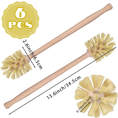 Gejoy 6 Pcs Natural Wood Dish Scrub Brush with Long Beechwood Handle Bristles for Cleaning Bottles, Mugs, Jars, Glasses, Dishes, Vases, Pitchers, 13.6 x 2.6 Inches