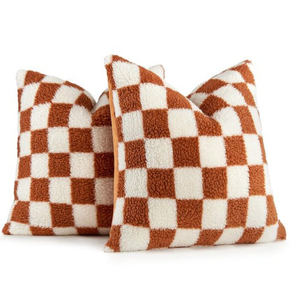 AmHoo Pack of 2 Decorative Throw Pillow Covers Checkerboard Luxury Super Soft Faux Fur Wool Set Case Cushion for Couch Sofa Bedroom 18 x 18-Inch Burnt Orange