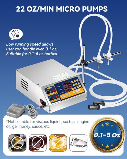 Hanchen Liquid Filling Machine Peristaltic Pump 5 Oz Automatic Bottle Filler Digital Control Cosmetic Oil Filler Bottling Machine for Perfume, Water, Juice, Thick Eessential Oil (2 Head)