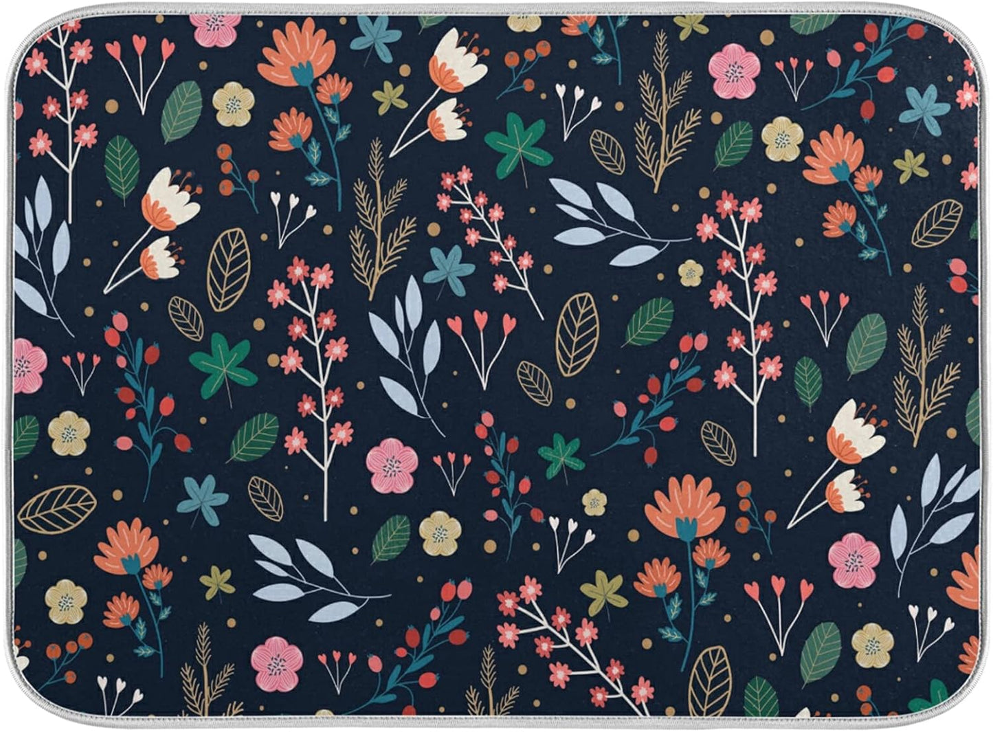 Dish Drying Mat for Kitchen Counter, Colorful Flowers Black Absorbent Drying Matt for Dishes Sink 16'' x 18''