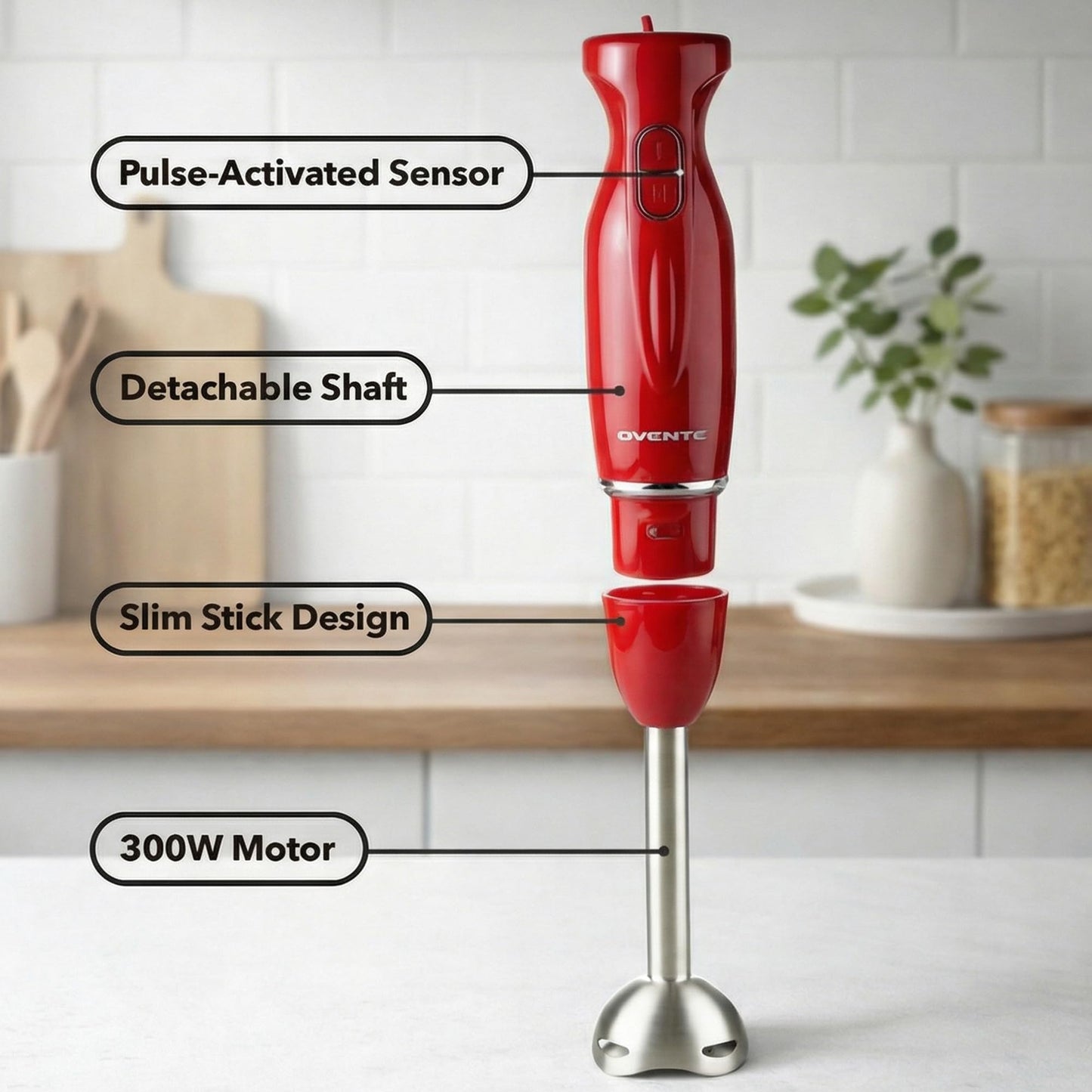 OVENTE Immersion Hand Blender, 300W Electric Handheld Stick Mixer with 2 Mixing Speeds and Stainless Steel Blades for Smoothies, Purees & Baby Food, Red HS560R
