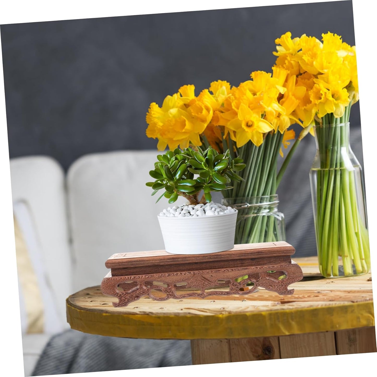 YARNOW Wooden Base Decorative Planter, Rectangle Flower Vase Stand for Home Plant Holder