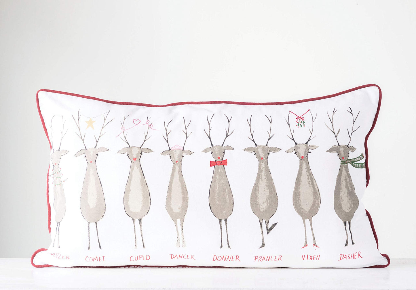 Creative Co-Op Rectangle Santa's Reindeer Cotton Pillow with Red Piping