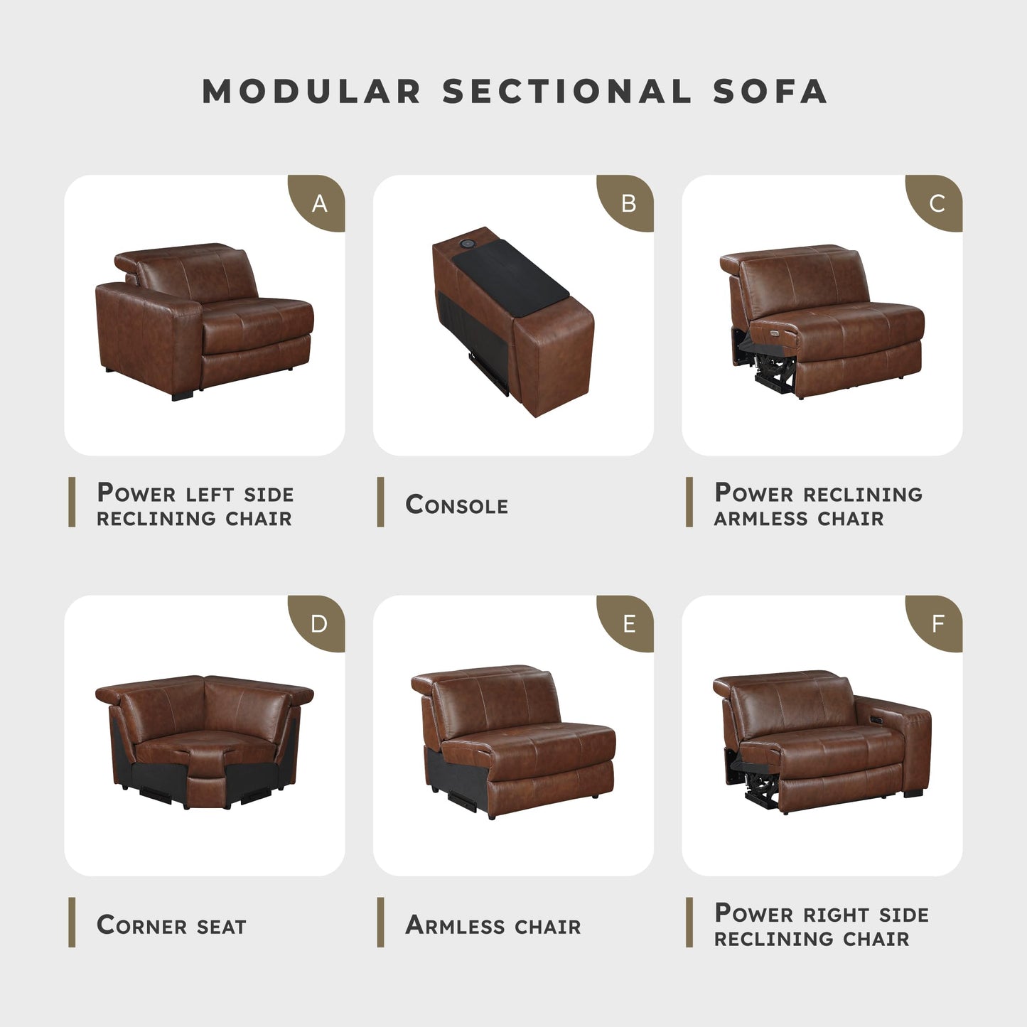 Lexicon 100% Leather Modular Sectional Couches for Living Room, Module for Sectional Couch, Leather Upholstered Corner Seat, Durable Frame, High Density Foam Cushion, Brown