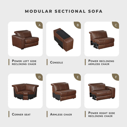 Lexicon Sectional Couches for Living Room-Modular Sectional Sofa, Power Double Reclining Loveseat with Center Console, Power Headrests, Charging Ports, Dual Cup Holders, Top Grain Leather Brown