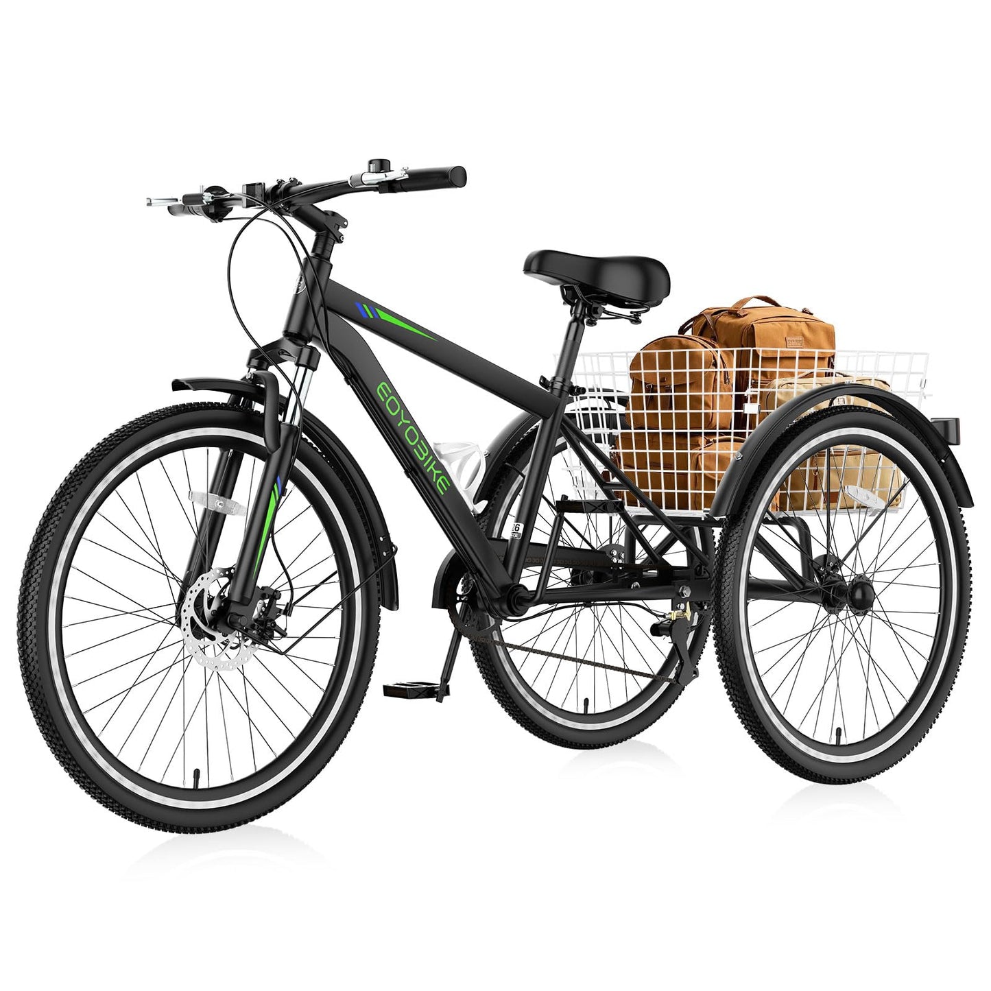 EOYOBIKE 7-Speed Adult Mountain Tricycle, 24/26/27.5 Inch 3-Wheel Bike for Seniors, Men's and Women's Trike with Large Rear Basket for Exercise & Shopping