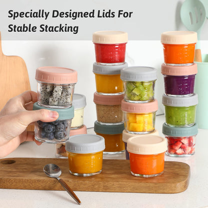 VITEVER 16 Pack Glass Baby Food Storage Containers, 4 oz Baby Food Jars with Plastic Lids, Small Baby Food Maker, Reusable Infant Freezer Container, Microwave, Dishwasher & Freezer Safe, BPA free