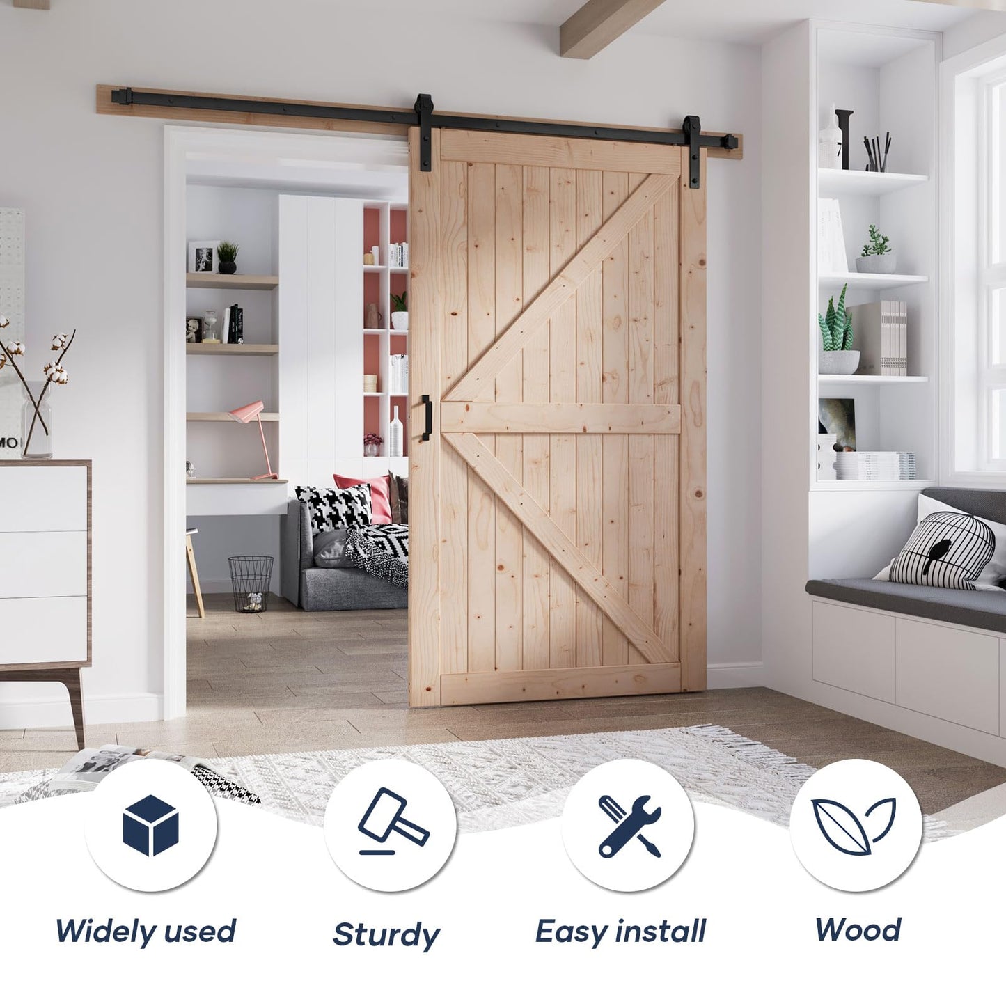 FREDBECK 48in x 80in Sliding Wood Barn Door with 8FT Barn Door Hardware Kit Included K Shape Solid Spruce Panel Sliding Door Double Surfaces Need to Assembly
