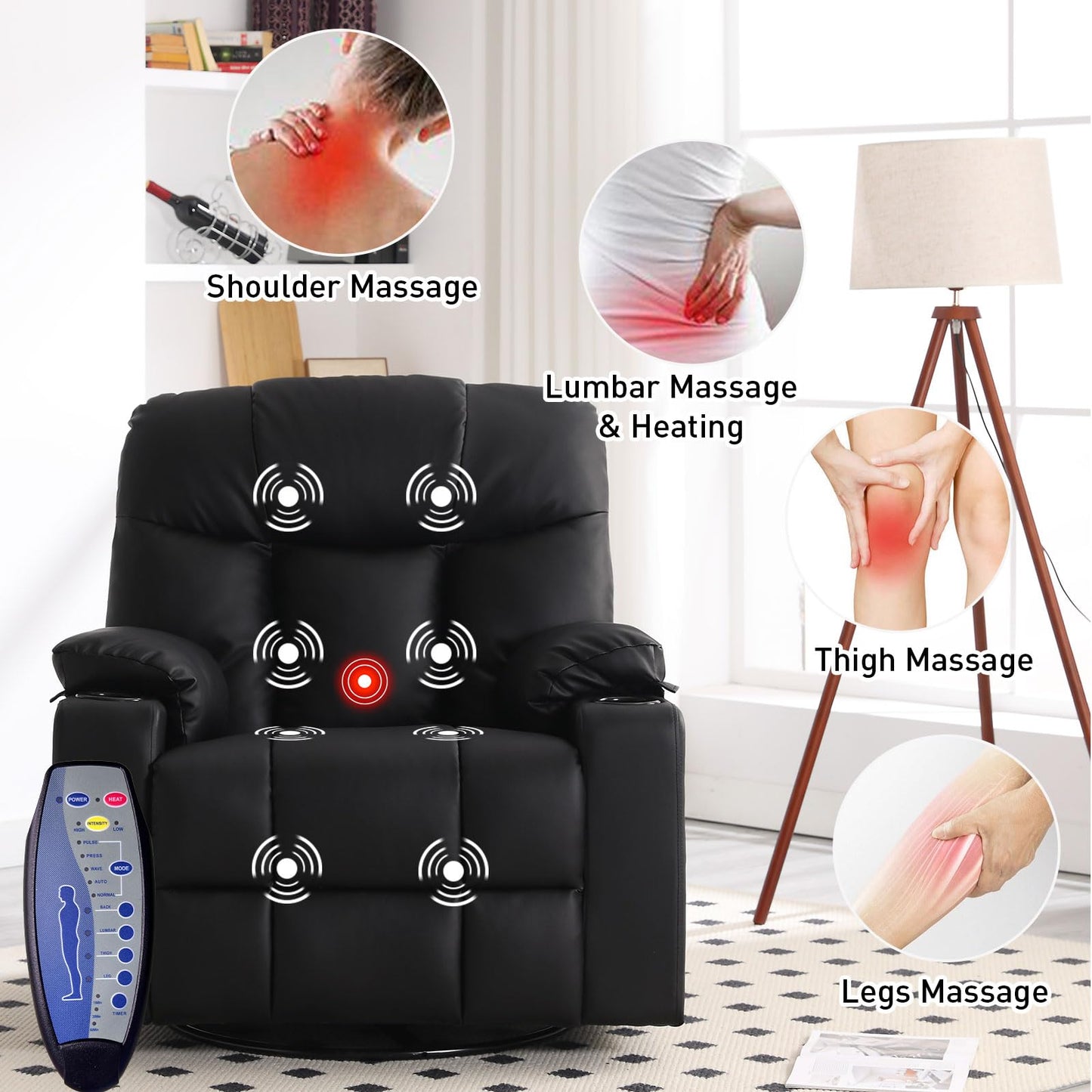 Bonzy Home Oversized Swivel Rocker Recliner, 40" Rocking Recliner Chair with Heated and Massage, PU Leather Single Sofa with Swivel Function, 2 Cup Holders for Living Room Bedroom, Black