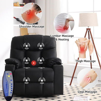 Bonzy Home Oversized Swivel Rocker Recliner, 40" Rocking Recliner Chair with Heated and Massage, PU Leather Single Sofa with Swivel Function, 2 Cup Holders for Living Room Bedroom, Black