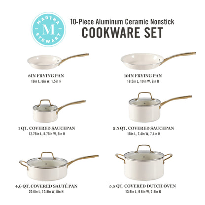 Martha Stewart Lockton Premium Nonstick PFA Free Ceramic Interior 10 Piece Heavy Gauge Enamel Aluminum Pots and Pans Cookware Set - Linen White w/Gold Handle & Gatwick 7 QT Enamel Cast Iron Dutch Oven