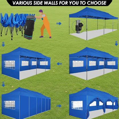 COBIZI 10x30 Pop up Canopy Heavy Duty Outdoor Extra Thick Frame Tents with 8 sidewalls for Parties UPF 50+ Waterproof Commercial Gazebo with Roller Bag, Blue(Windproof Upgraded)