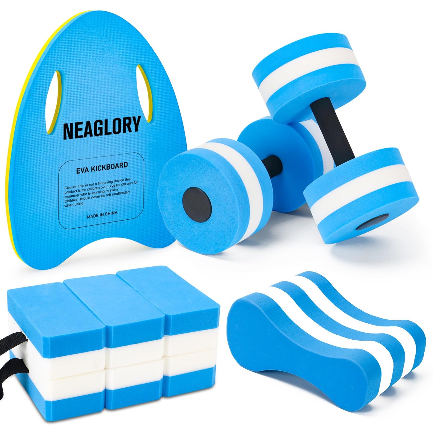 NEAGLORY 5 Pieces Water Aerobics Set Aquatic Exercise Set Pool Fitness Equipment Foam Water Dumbbell, Swim Kickboard, Pull Buoy, Aquatic Swim Belt for Water Exercise, Blue