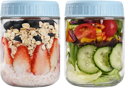 16oz 2 SHOWIN Overnight Oats Containers with Lids, Glass Jars with Lids pcs, Light Blue, Wide Mouth Mason jars