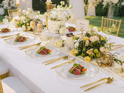 Rubtlamp 60Pcs Clear Plastic Plates,Clear Disposable Plates With Gold Rim,Heavy-duty Gold Plates,Hammered Party Plates Include 30Clear Dessert-Platos,30Dinner-Platos for Wedding, Party