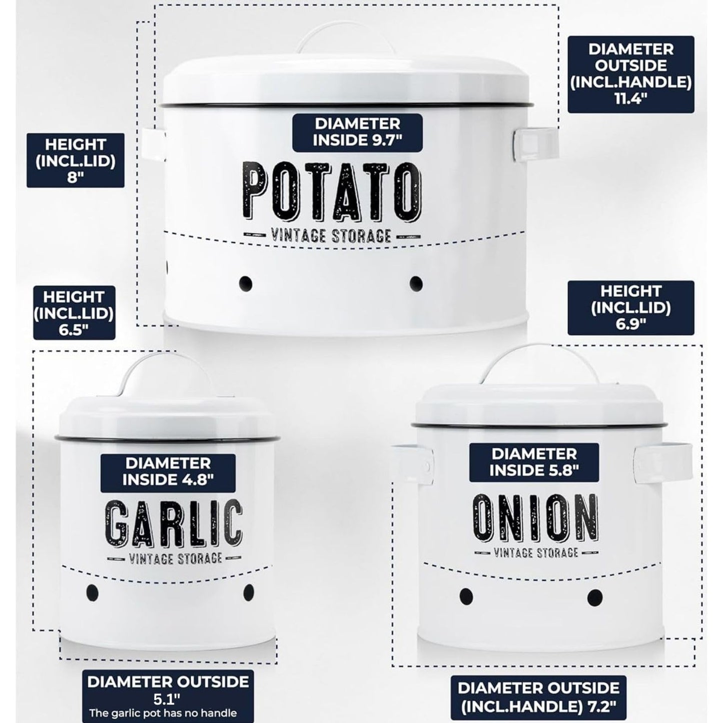 Granrosi Kitchen Vegetable Storage Set for Pantry & Countertop — Set of 3 Kitchen Containers Including Potato Bin, Onion Keeper & Garlic Storage; Rustproof Metal & Aeratic Holes; Farmhouse Style