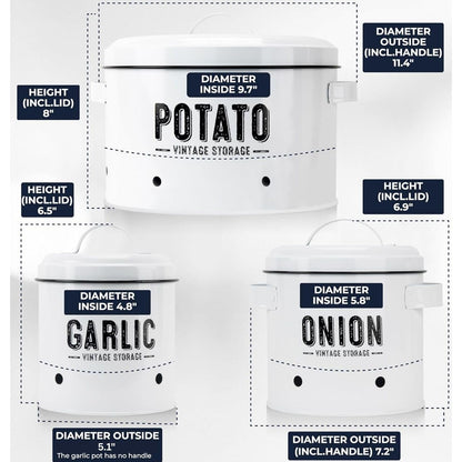 Granrosi Kitchen Vegetable Storage Set for Pantry & Countertop — Set of 3 Kitchen Containers Including Potato Bin, Onion Keeper & Garlic Storage; Rustproof Metal & Aeratic Holes; Farmhouse Style