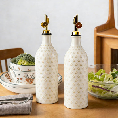 Suybur Ceramic Olive Oil Dispenser Bottle for Kitchen with Gravity Spout, 19 oz Opaque Relief Oil Cruet with Funnel, Oil Container for EVOO, Vinegar, and Soy Sauce (Petal Design)