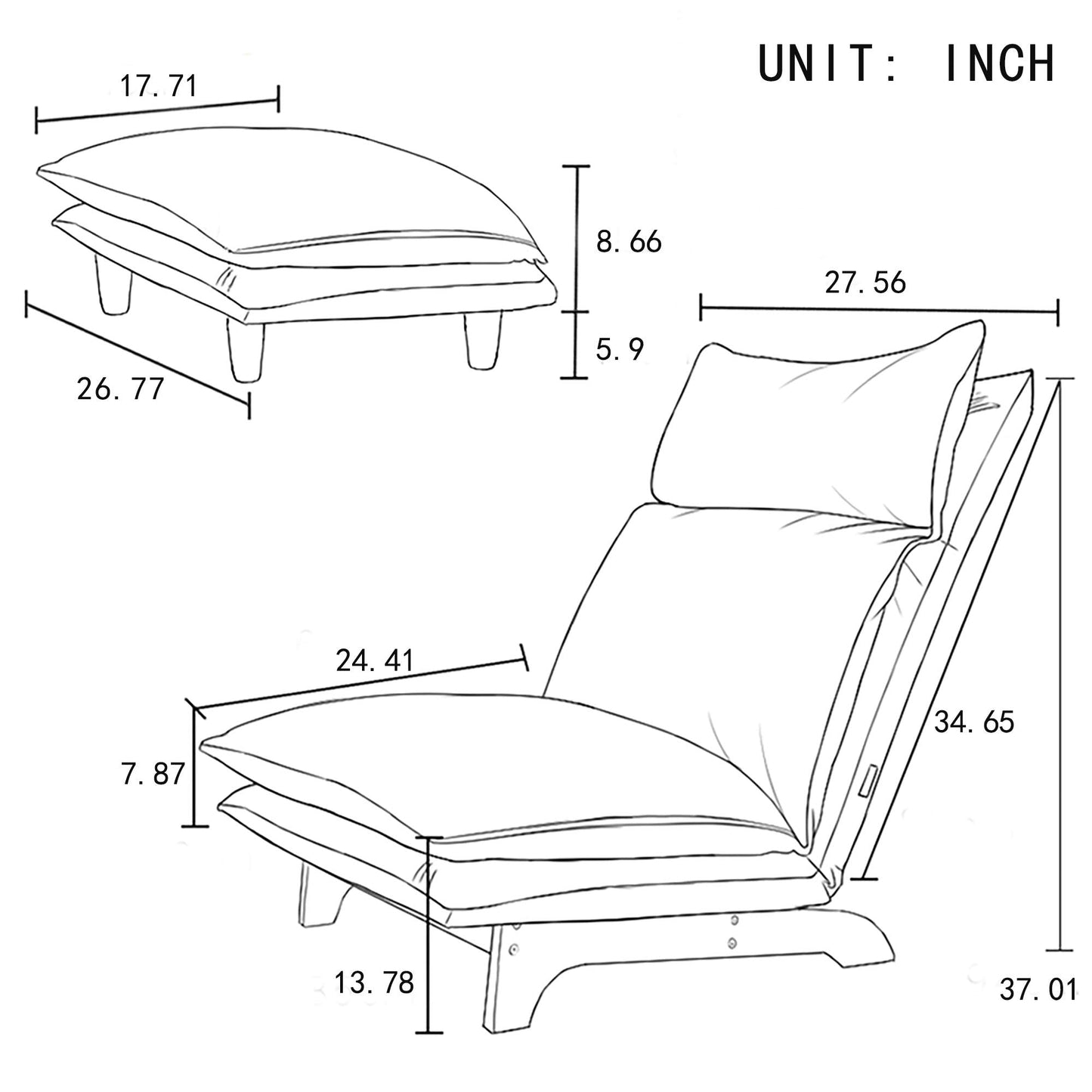 Foldable Reclining Sofa Chair with Adjustable Headrest, Ergonomic Lounge Chair for Living Room, Bedroom, Balcony, Reading, Gaming, and Meditation, Beige Fabric Single Seat with Metal Frame