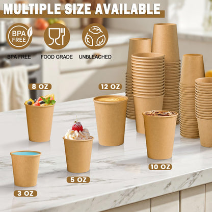 Lamosi 200 Pack 8 oz Kraft Paper Cups, Brown Disposable Paper Coffee Cups, Unbleached Paper Cups for Hot/Cold Beverage Party Home Office