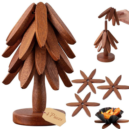 Wooden Trivets for Hot Dishes, 4 Wooden Tree Trivets + 1 Stand Stored Like a Christmas Tree (Walnut)