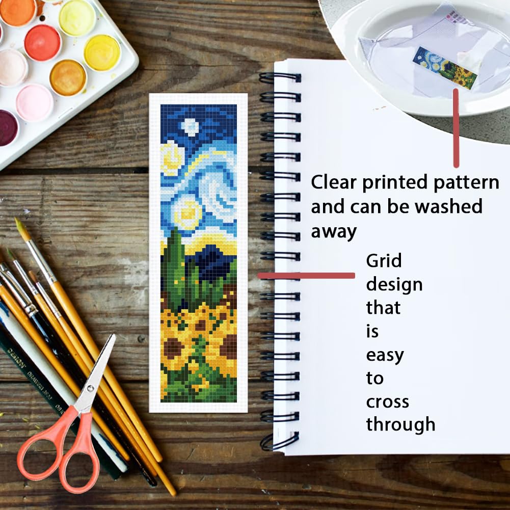 ORIGACH 6 Pcs Cross Stitch Bookmark Kit for Beginner Adults, Swirling Night Sky Stamped Embroidery Bookmark Kit with Instruction for Starters Printed Cross Stitch DIY Kits for Book Lovers
