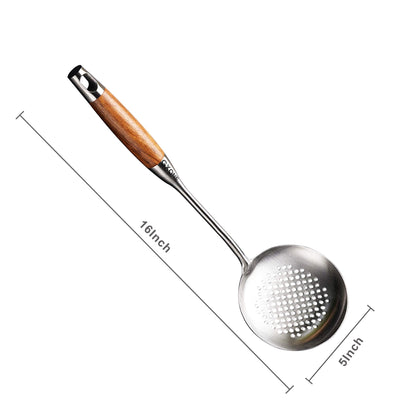 GXONE Slotted Spoon,304 Stainless Steel Skimmer Spoon with Heat Resistant Wooden Handle,Silver/15.8Inch