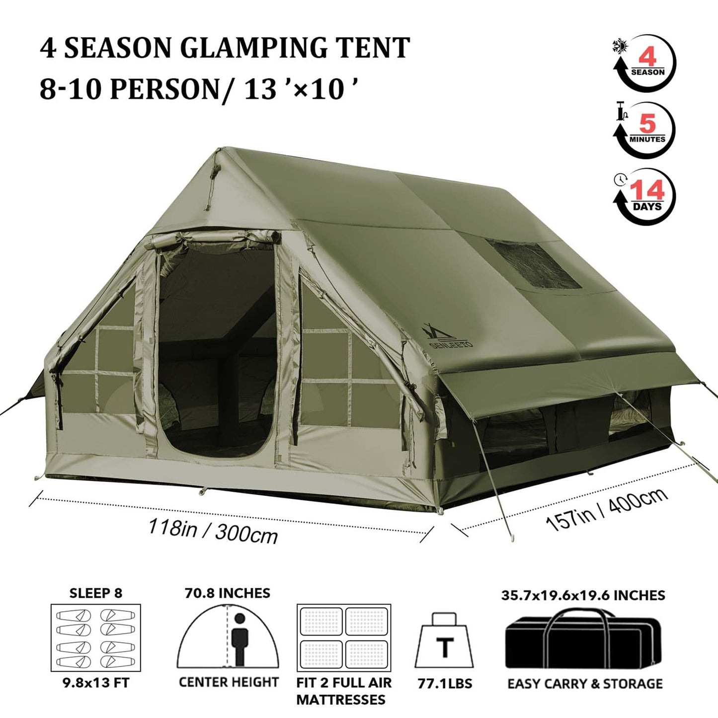 13' x 10' Inflatable Camping Tent for 8-10 Person, 4 Season Blow Up Tents with Waterproof pad, Easy Set-Up Glamping Inflatable Hot Tent with Stove Jack for Camping Adult