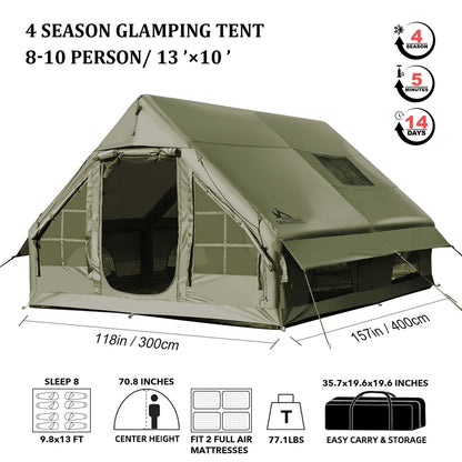13' x 10' Inflatable Camping Tent for 8-10 Person, 4 Season Blow Up Tents with Waterproof pad, Easy Set-Up Glamping Inflatable Hot Tent with Stove Jack for Camping Adult