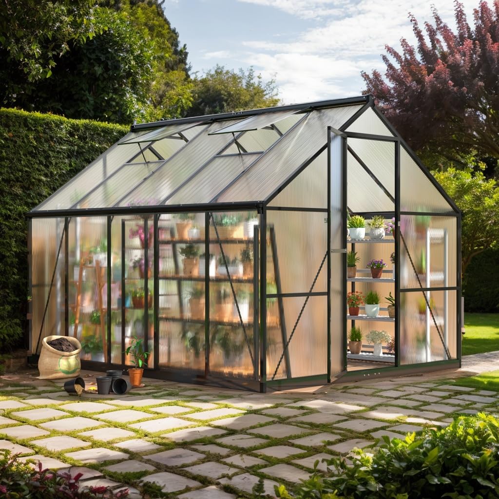 Polar Aurora 8x10 FT Polycarbonate Greenhouse for Outdoors, Walk-in Aluminum Green House with Quick Setup Structure and Roof Vent for Outside Garden Backyard, Black