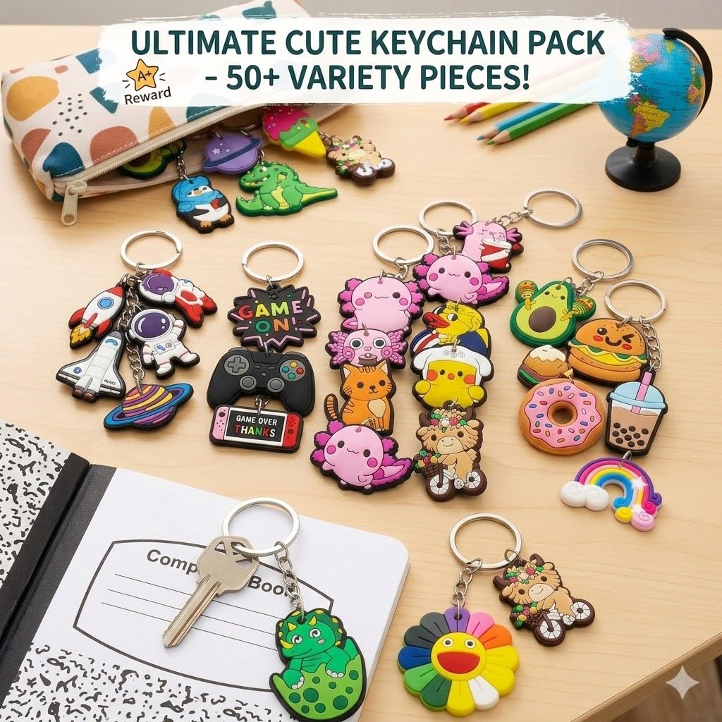 Ella & Emma 30/50/100 Bulk Different Keychains, Mixed Non-Repeat Cute Key Chain for Classroom Prizes Students Incentives Holiday Gifts Party Favors (50pcs Mixed)