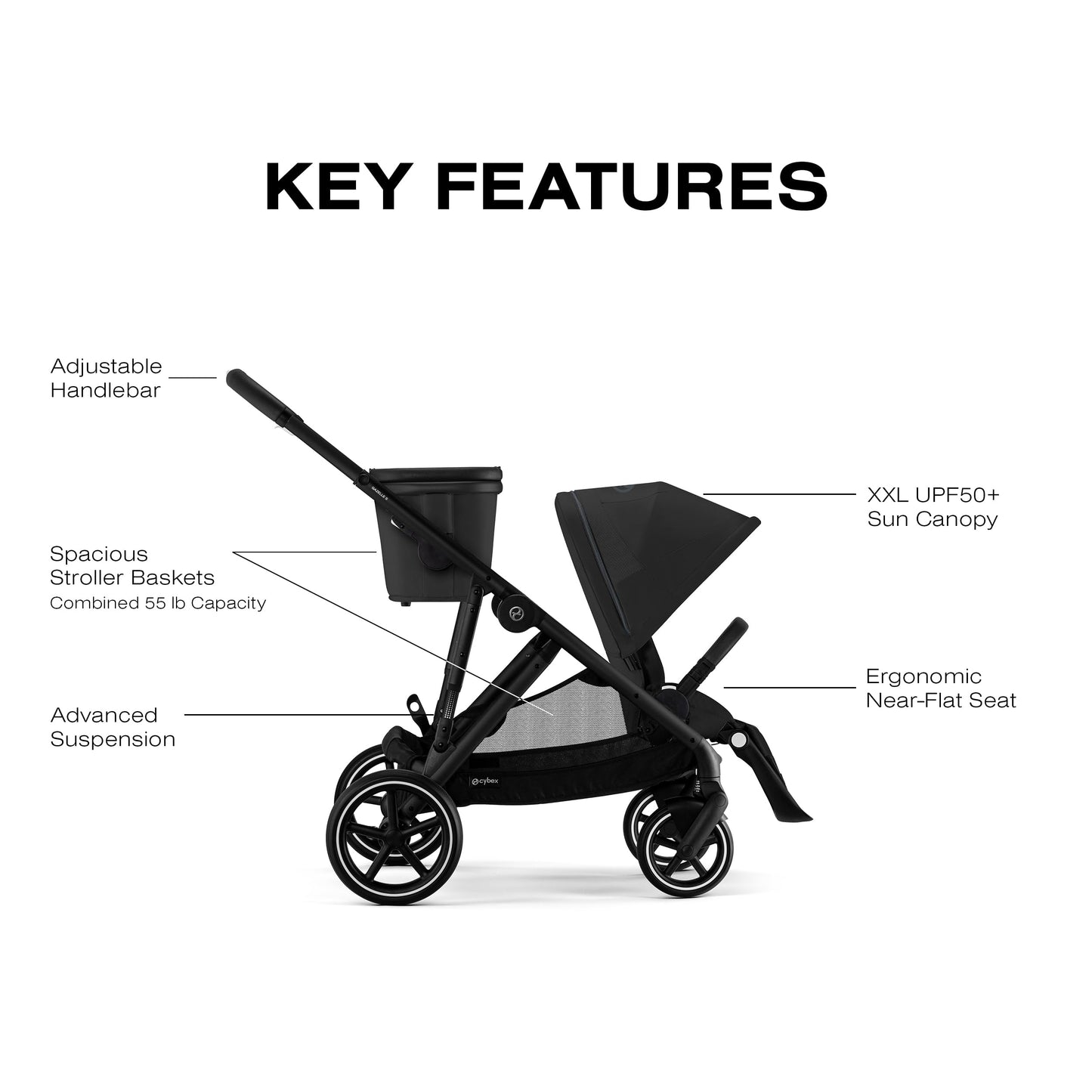 Cybex Gazelle S All-in-One Toddler and Baby Stroller with Over 20 Modular Configurations, Ergonomic Near-Flat Recline, Shopper Basket, and Compact Fold, Moon Black, Black Frame