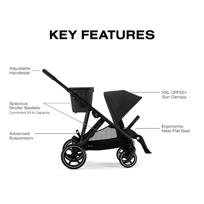 Cybex Gazelle S All-in-One Toddler and Baby Stroller with Over 20 Modular Configurations, Ergonomic Near-Flat Recline, Shopper Basket, and Compact Fold, Moon Black, Black Frame