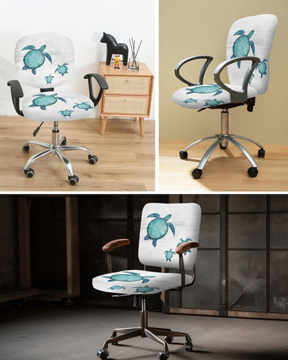 Sea Turtle Office Chair Covers, Stretchable 2 Piece Soft Decorative Computer Desk Chair Protector, Turquoise Tortoise