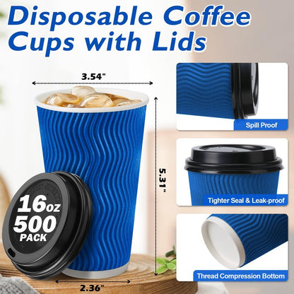 Huifany Disposable Coffee Cups with Lids 16 oz, To Go Paper Coffee Cups with Lids, Insulated Paper Cups for Hot or Cold Beverages (Navy, 500Pack)
