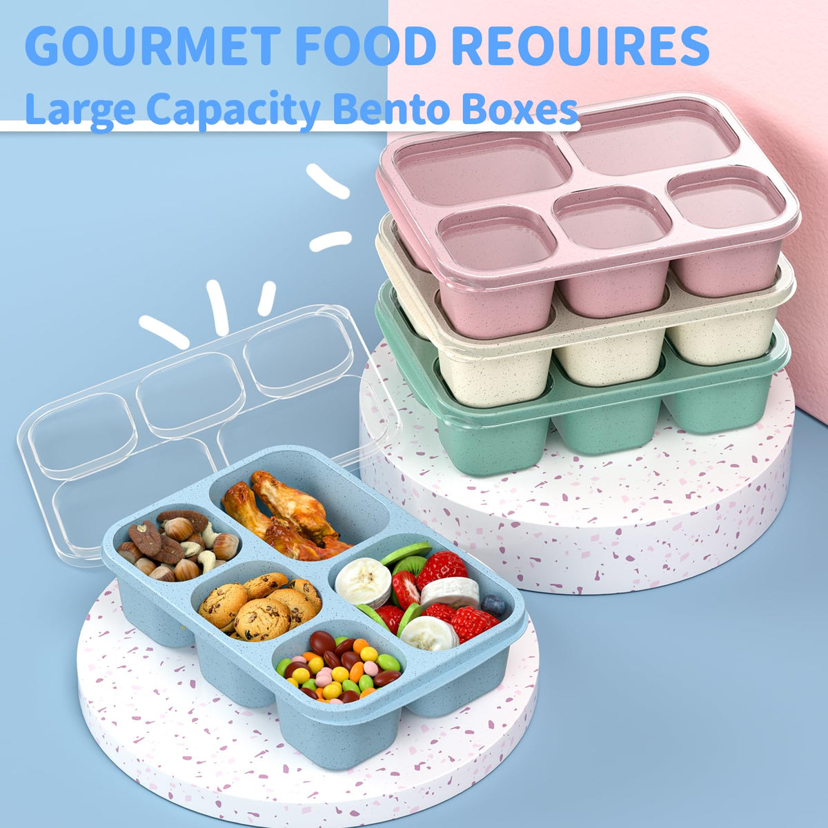 Bento Box Adult Lunch Box - 4 Pack, 5 - Compartment Meal Prep Container for Kids, Reusable Food Storage Snack Containers - Stackable for School, Work, and Travel (Wheat(Green/Blue/Pink/Beige))